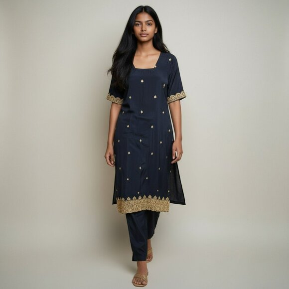 2pc Punjabi Suit Est. L Navy Gold Embroidered + Sequins Desi Festival Ethnicwe - Picture 1 of 9
